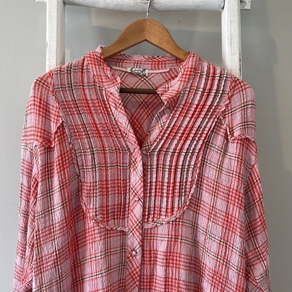 Free people distressed plaid button up tunic dress oversized xs - Picture 2 of 9